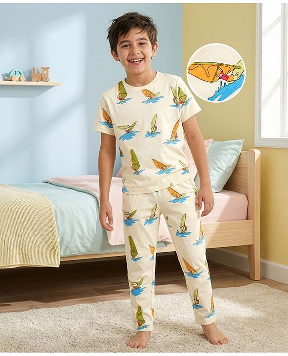 Pine Kids Cotton Knit Half Sleeves T-Shirt & Pyjama Co-ord Night Suit With Surfing Print - Light Green