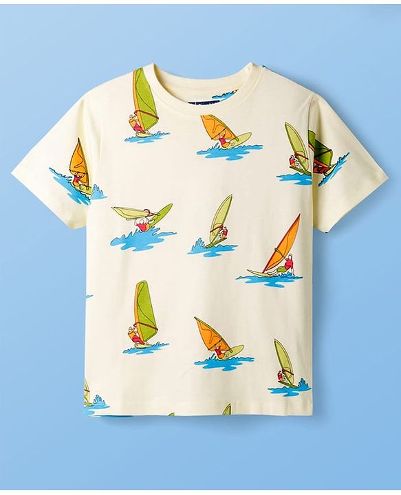 Pine Kids Cotton Knit Half Sleeves T-Shirt & Pyjama Co-ord Night Suit With Surfing Print - Light Green
