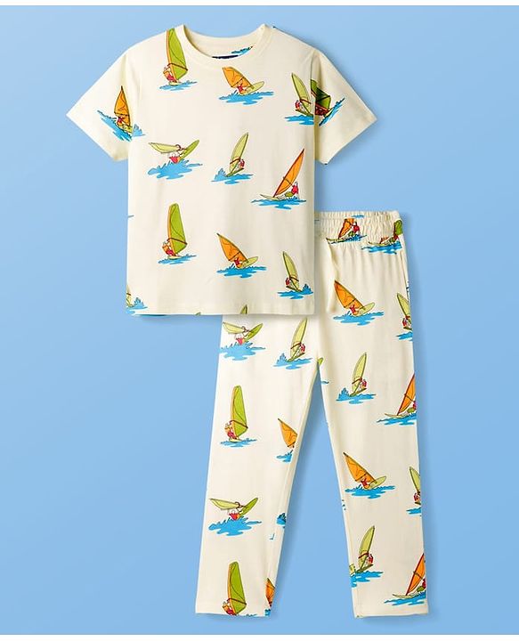 Pine Kids Cotton Knit Half Sleeves T-Shirt & Pyjama Co-ord Night Suit With Surfing Print - Light Green