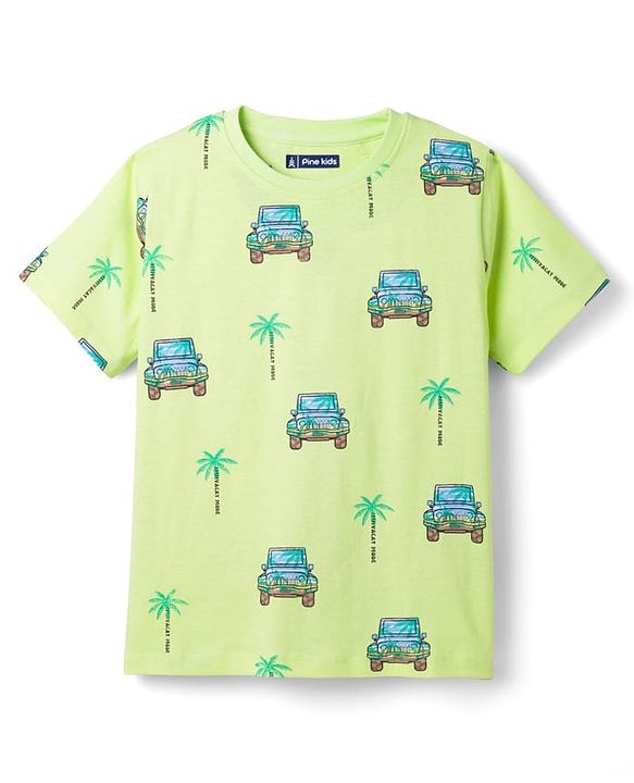Pine Kids Cotton Knit Half Sleeves T-Shirt & Pajama Co-ords  Night Suit With Vehicle Print - Light Green