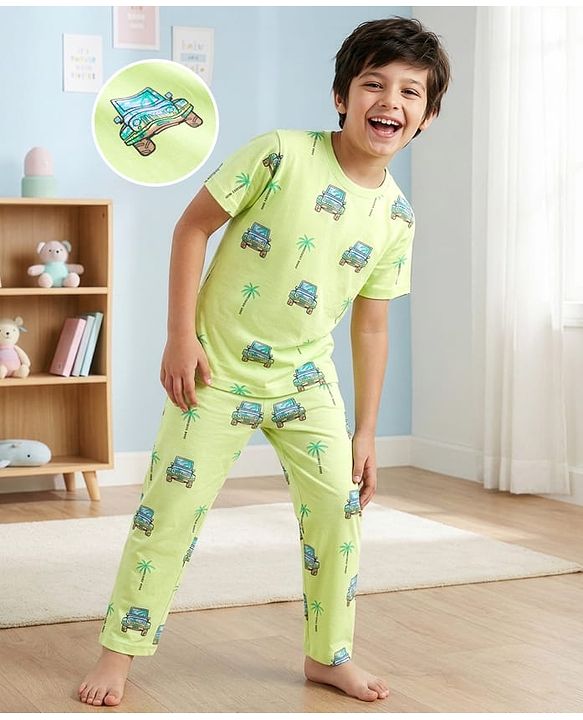 Pine Kids Cotton Knit Half Sleeves T-Shirt & Pajama Co-ords  Night Suit With Vehicle Print - Light Green