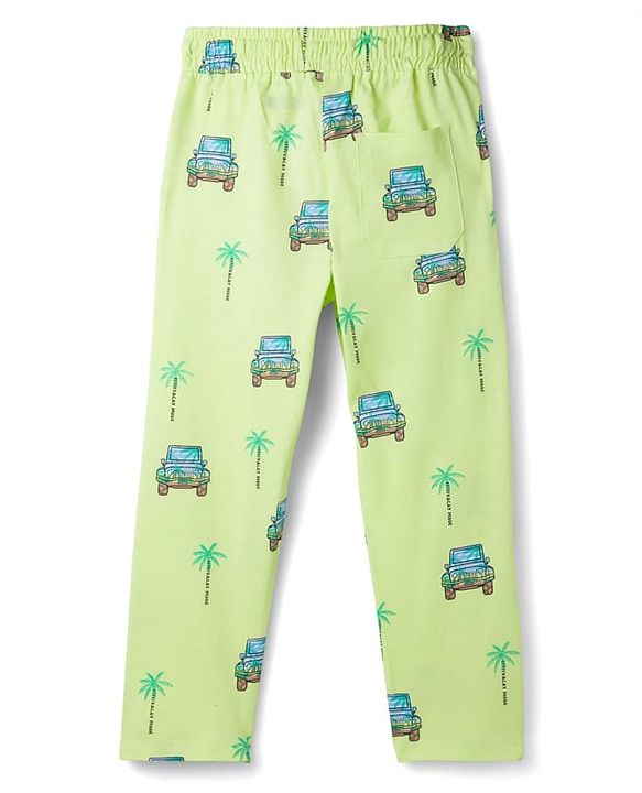Pine Kids Cotton Knit Half Sleeves T-Shirt & Pajama Co-ords  Night Suit With Vehicle Print - Light Green