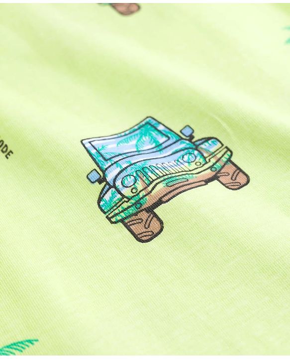 Pine Kids Cotton Knit Half Sleeves T-Shirt & Pajama Co-ords  Night Suit With Vehicle Print - Light Green
