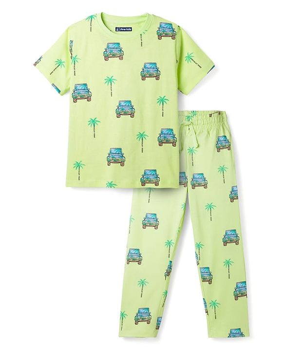 Pine Kids Cotton Knit Half Sleeves T-Shirt & Pajama Co-ords  Night Suit With Vehicle Print - Light Green