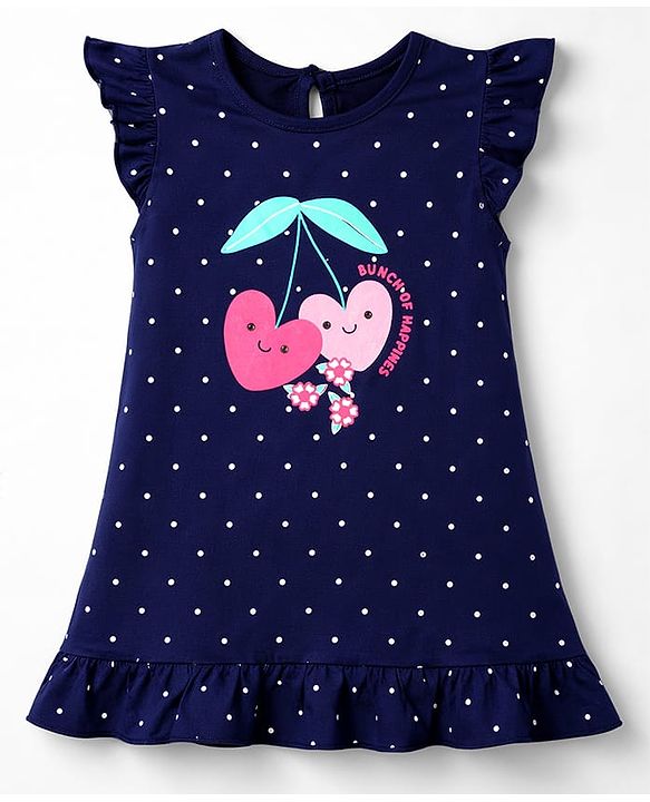 Babyhug Cotton Knit Half Sleeves Nighty with Heart & Polka Dot Print - Navy Blue