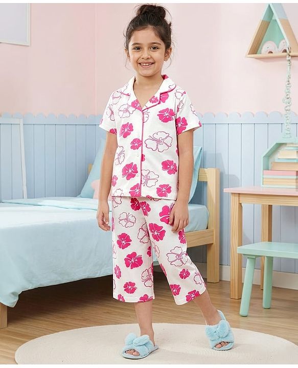 Pine Kids Cotton Knit Half Sleeves Shirt & Capri Co-ord Night Suit With Floral Print - White