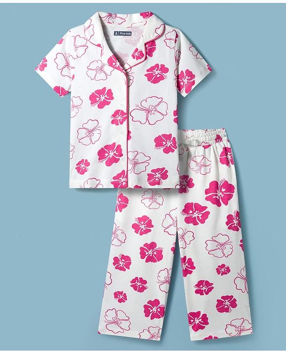 Pine Kids Cotton Knit Half Sleeves Shirt & Capri Co-ord Night Suit With Floral Print - White