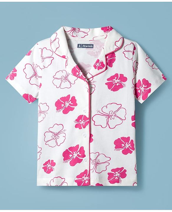 Pine Kids Cotton Knit Half Sleeves Shirt & Capri Co-ord Night Suit With Floral Print - White