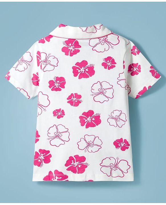 Pine Kids Cotton Knit Half Sleeves Shirt & Capri Co-ord Night Suit With Floral Print - White