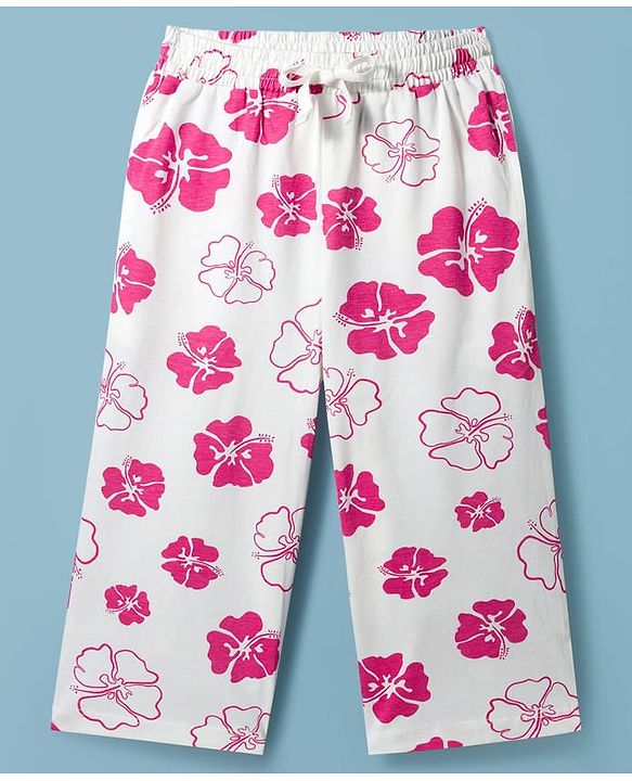 Pine Kids Cotton Knit Half Sleeves Shirt & Capri Co-ord Night Suit With Floral Print - White