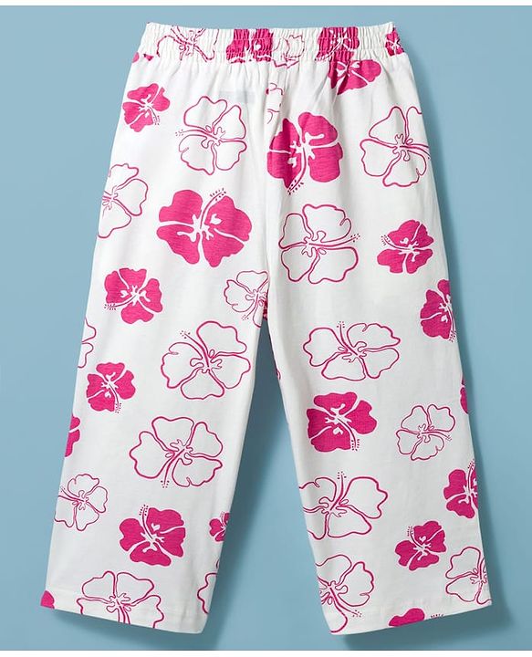 Pine Kids Cotton Knit Half Sleeves Shirt & Capri Co-ord Night Suit With Floral Print - White