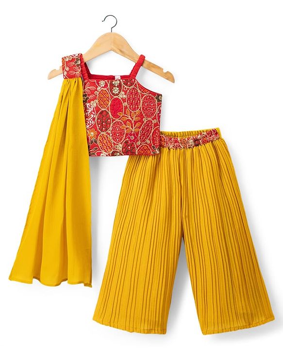 Babyhug Georgette Woven Sleeveless Floral Embroidered Lehenga Choli & Dupatta With Sequin Detailing - Mustard