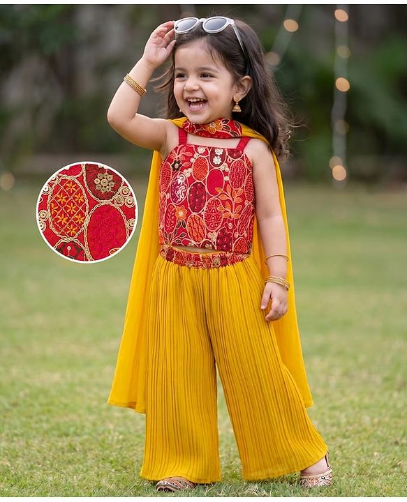 Babyhug Georgette Woven Sleeveless Floral Embroidered Lehenga Choli & Dupatta With Sequin Detailing - Mustard