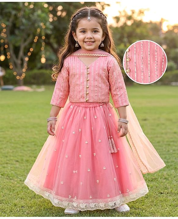 Babyhug Net Woven Three Fourth Sleeves Embroidered Choli Lehenga Set With Dupatta - Peach