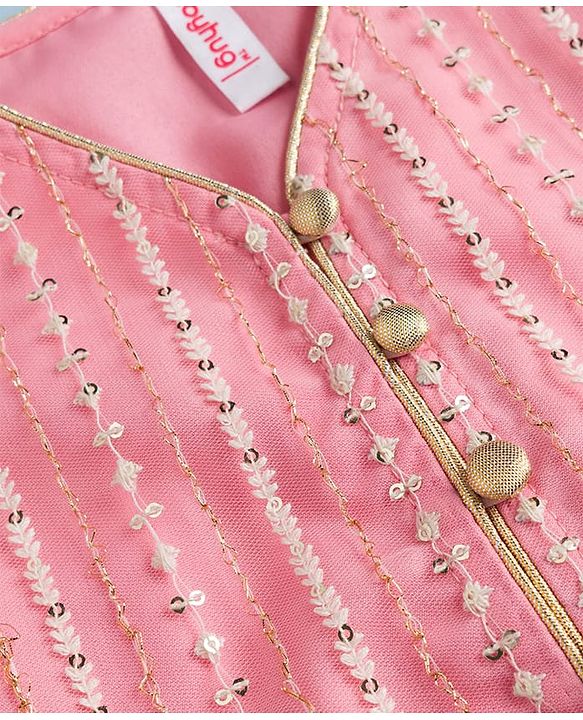 Babyhug Net Woven Three Fourth Sleeves Embroidered Choli Lehenga Set With Dupatta - Peach