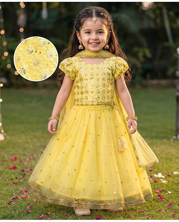 Babyhug Net Woven Half Sleeves Lehenga Choli Set With Sequin Detailing & Dupatta - Yellow