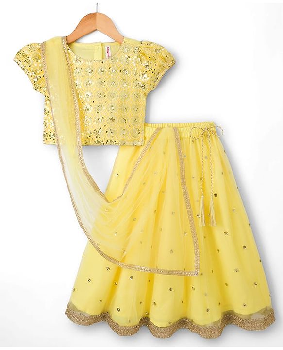 Babyhug Net Woven Half Sleeves Lehenga Choli Set With Sequin Detailing & Dupatta - Yellow