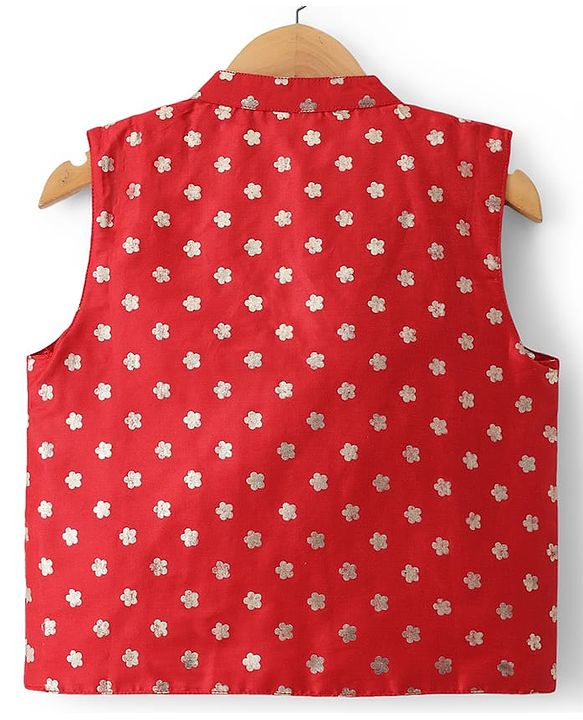 Babyhug Cotton Blend Woven Full Sleeves Kurta Dhoti Set with Polka Dot Printed Nehru Jacket - Red