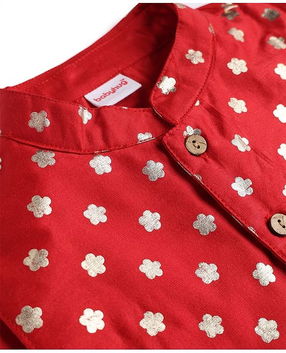 Babyhug Cotton Blend Woven Full Sleeves Kurta Dhoti Set with Polka Dot Printed Nehru Jacket - Red