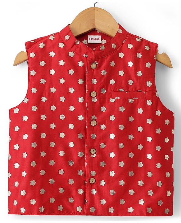 Babyhug Cotton Blend Woven Full Sleeves Kurta Dhoti Set with Polka Dot Printed Nehru Jacket - Red
