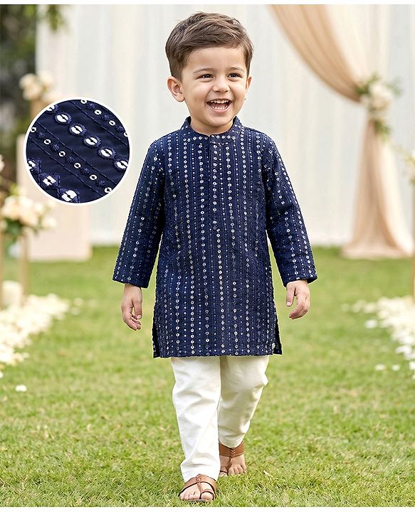 Babyhug Georgette Woven Full Sleeves Kurta Pajama Set with Embroidery & Sequin Detailing - Navy Blue