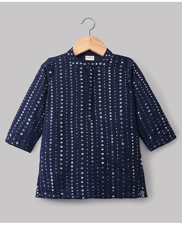 Babyhug Georgette Woven Full Sleeves Kurta Pajama Set with Embroidery & Sequin Detailing - Navy Blue