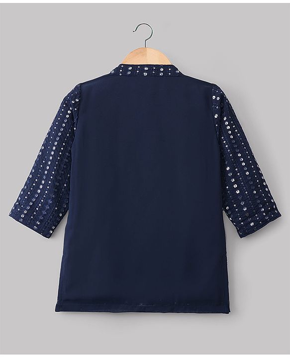 Babyhug Georgette Woven Full Sleeves Kurta Pajama Set with Embroidery & Sequin Detailing - Navy Blue