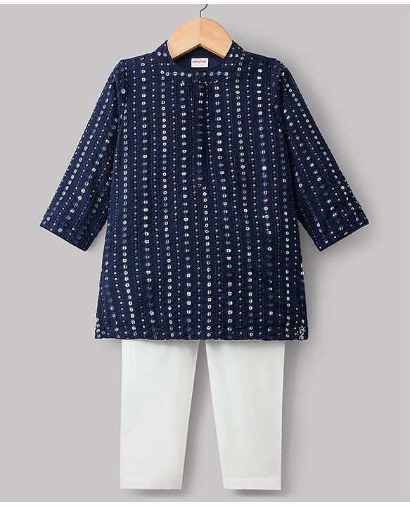 Babyhug Georgette Woven Full Sleeves Kurta Pajama Set with Embroidery & Sequin Detailing - Navy Blue
