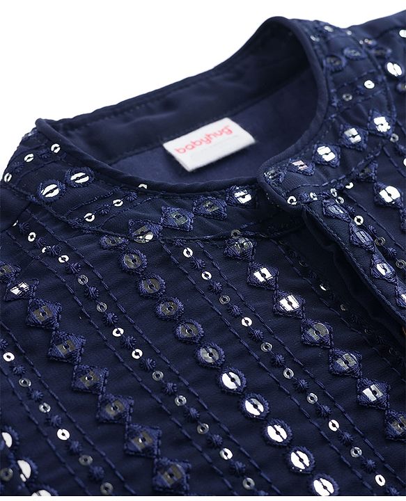 Babyhug Georgette Woven Full Sleeves Kurta Pajama Set with Embroidery & Sequin Detailing - Navy Blue