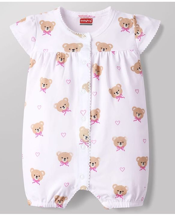 Babyhug 100% Cotton Interlock Knit Half Sleeves Romper With Teddy Print - Multicolor