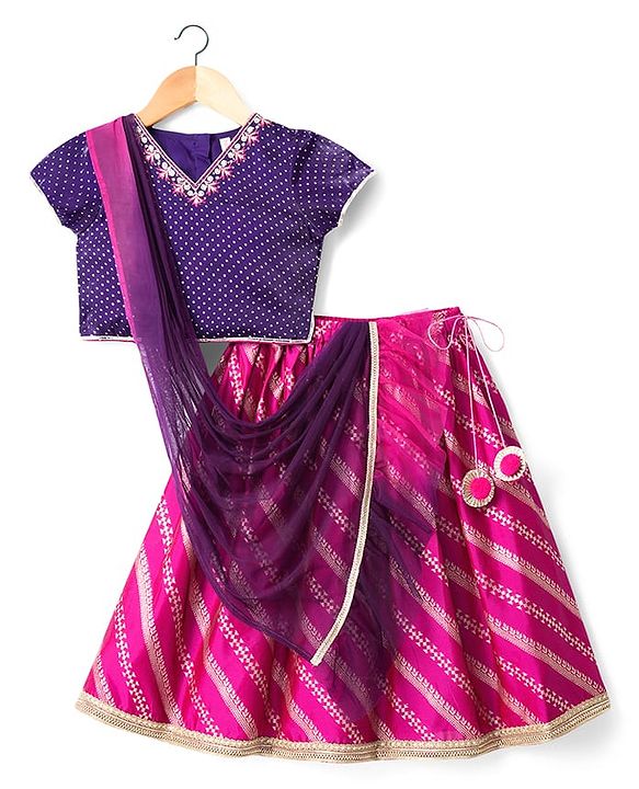 Babyhug Brocade Woven Half Sleeves Polka Dot Printed Choli Lehenga Set with Dupatta & Embroidery - Fuchsia
