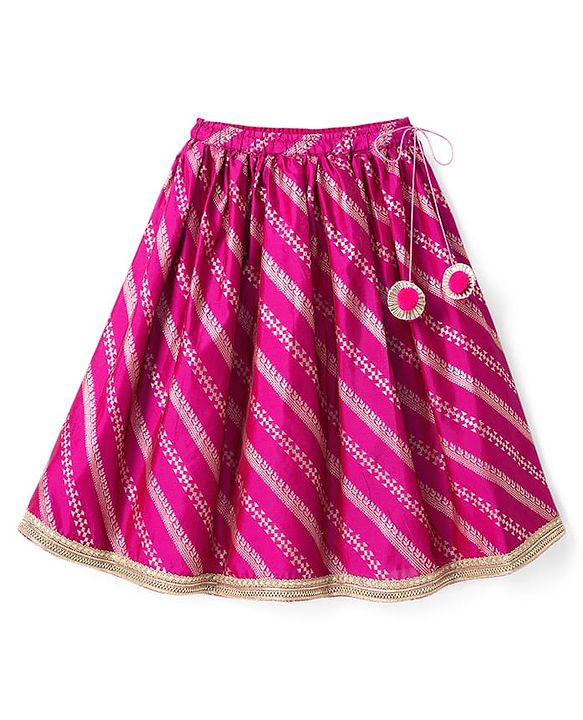 Babyhug Brocade Woven Half Sleeves Polka Dot Printed Choli Lehenga Set with Dupatta & Embroidery - Fuchsia
