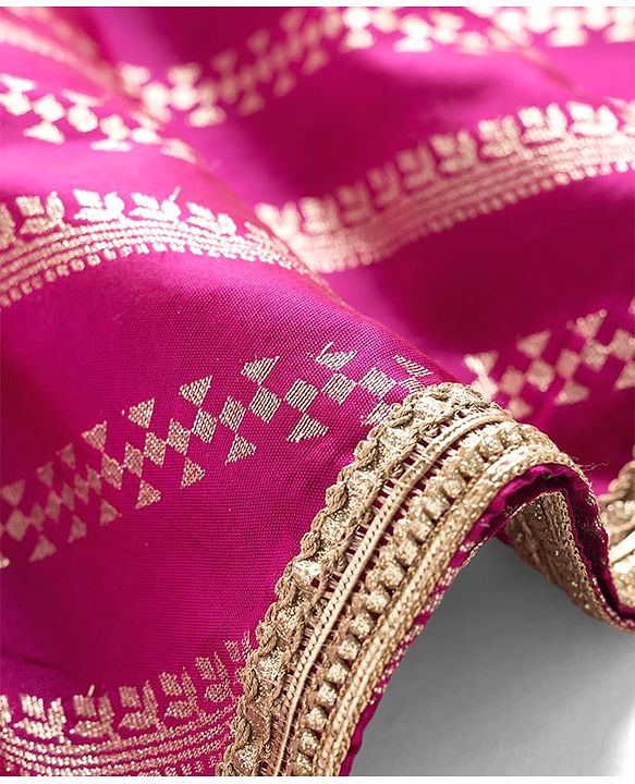 Babyhug Brocade Woven Half Sleeves Polka Dot Printed Choli Lehenga Set with Dupatta & Embroidery - Fuchsia