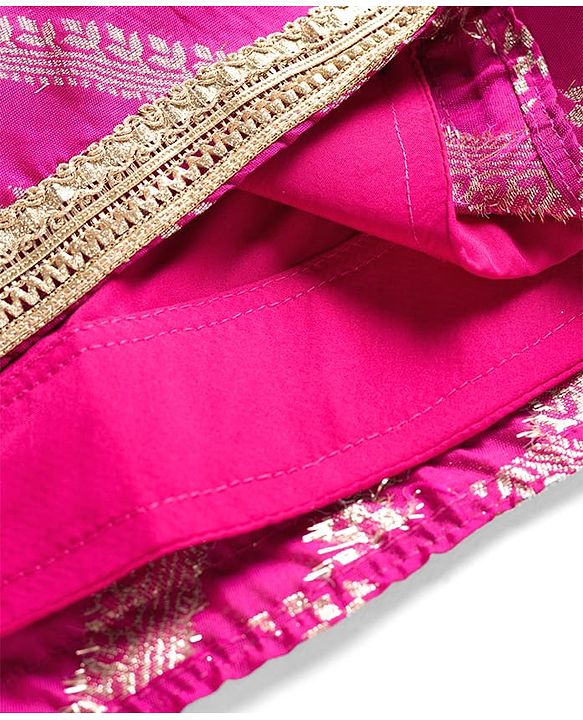 Babyhug Brocade Woven Half Sleeves Polka Dot Printed Choli Lehenga Set with Dupatta & Embroidery - Fuchsia