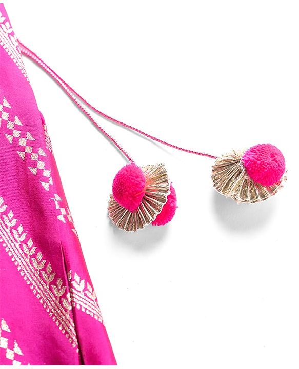 Babyhug Brocade Woven Half Sleeves Polka Dot Printed Choli Lehenga Set with Dupatta & Embroidery - Fuchsia