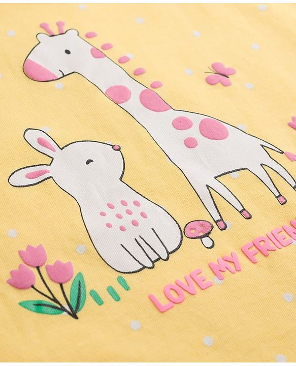 Babyhug Cotton Knit Half Sleeves Nighty with Animal Print - Yellow