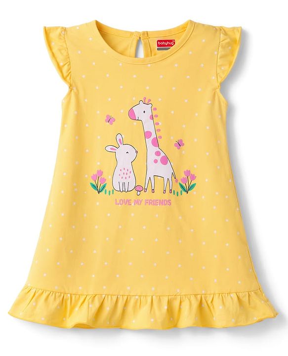 Babyhug Cotton Knit Half Sleeves Nighty with Animal Print - Yellow