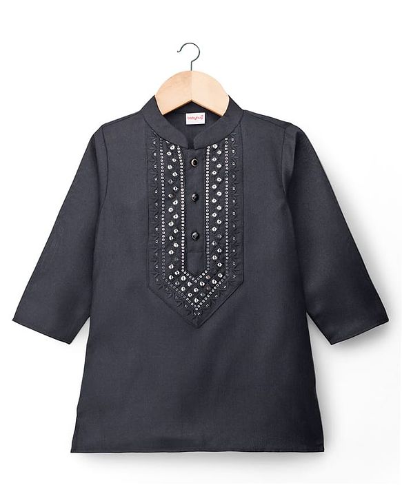 Babyhug Cotton Blend Woven Full Sleeves Kurta Pajama Set with Embroidery - Black