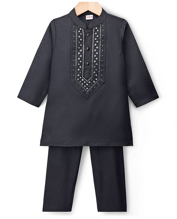 Babyhug Cotton Blend Woven Full Sleeves Kurta Pajama Set with Embroidery - Black
