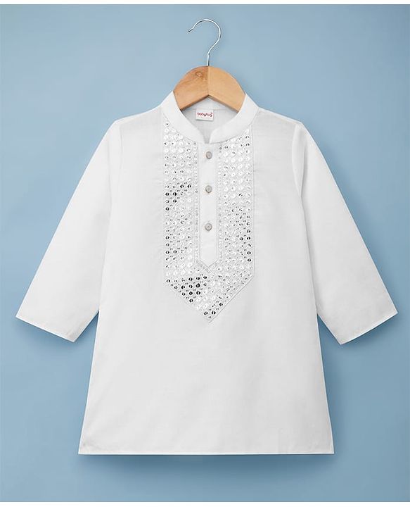 Babyhug Cotton Blend Woven Full Sleeves Kurta Pajama Set with Embroidery & Sequin Detailing - White