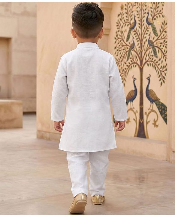 Babyhug Cotton Blend Woven Full Sleeves Kurta Pajama Set with Embroidery & Sequin Detailing - White