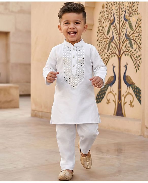 Babyhug Cotton Blend Woven Full Sleeves Kurta Pajama Set with Embroidery & Sequin Detailing - White