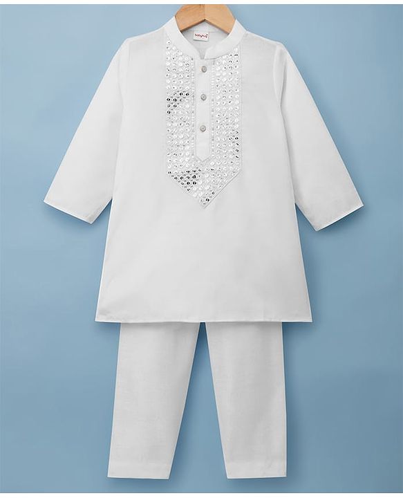Babyhug Cotton Blend Woven Full Sleeves Kurta Pajama Set with Embroidery & Sequin Detailing - White
