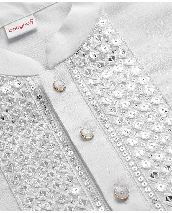 Babyhug Cotton Blend Woven Full Sleeves Kurta Pajama Set with Embroidery & Sequin Detailing - White
