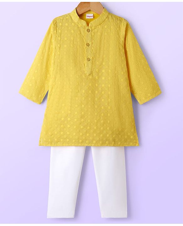 Babyhug Cotton Blend Woven Full Sleeves Kurta Pajama Set with Embroidery - Yellow