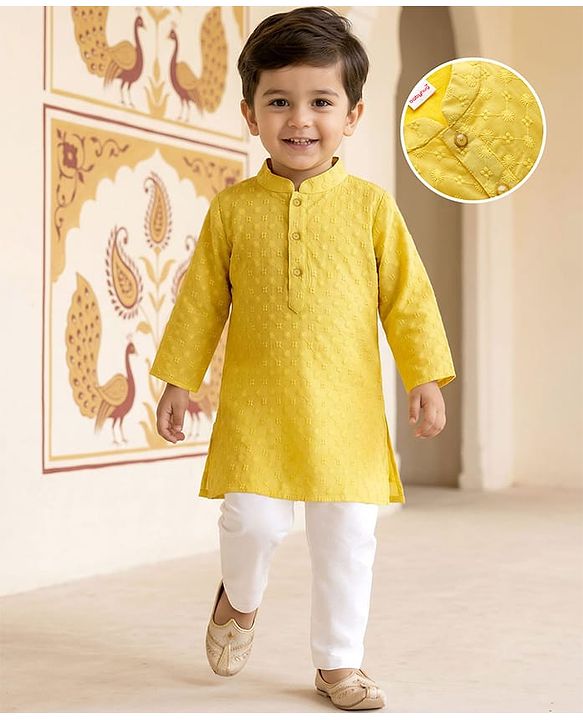 Babyhug Cotton Blend Woven Full Sleeves Kurta Pajama Set with Embroidery - Yellow
