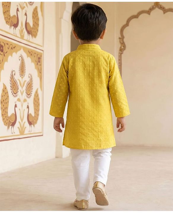 Babyhug Cotton Blend Woven Full Sleeves Kurta Pajama Set with Embroidery - Yellow