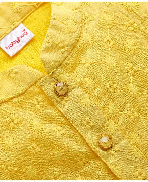 Babyhug Cotton Blend Woven Full Sleeves Kurta Pajama Set with Embroidery - Yellow