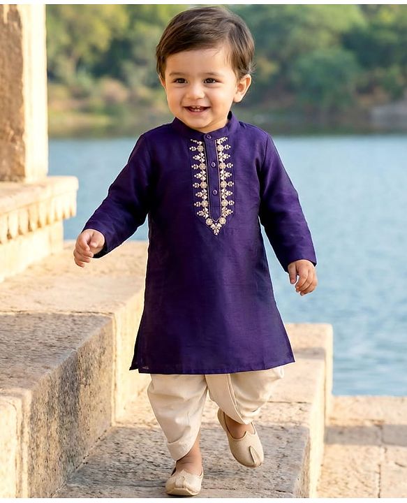 Babyhug Woven Full Sleeves Kurta Dhoti Set with Embroidery - Navy Blue