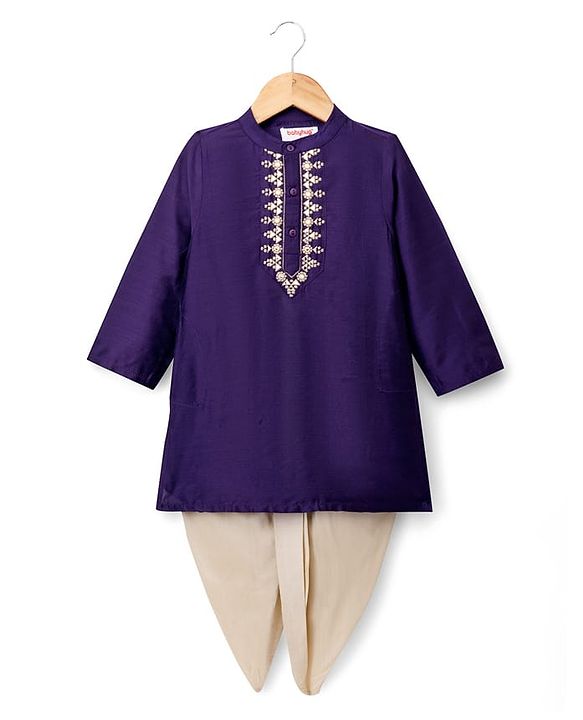 Babyhug Woven Full Sleeves Kurta Dhoti Set with Embroidery - Navy Blue
